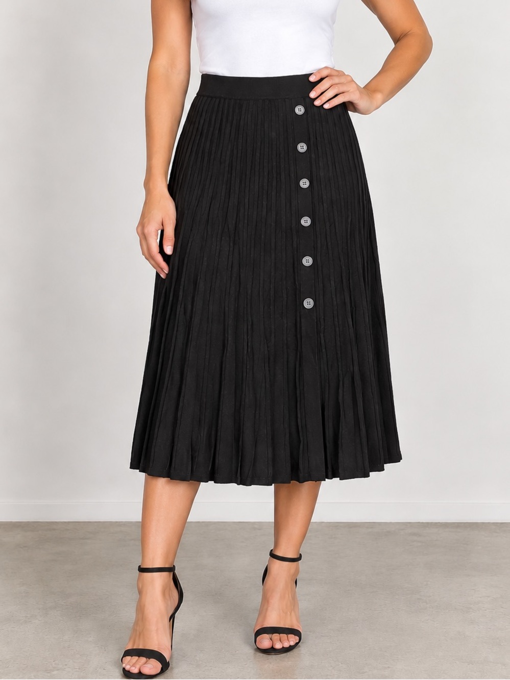 Saks Fifth Avenue Black Ribbed Knit decorative Button Front Midi Skirt size XL